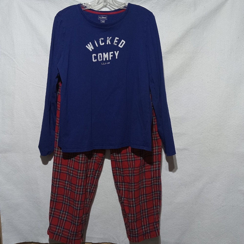 L.L. Bean Women's  Navy 'Wicked Comfy' Top with Red Plaid Pajama Pants Size L
